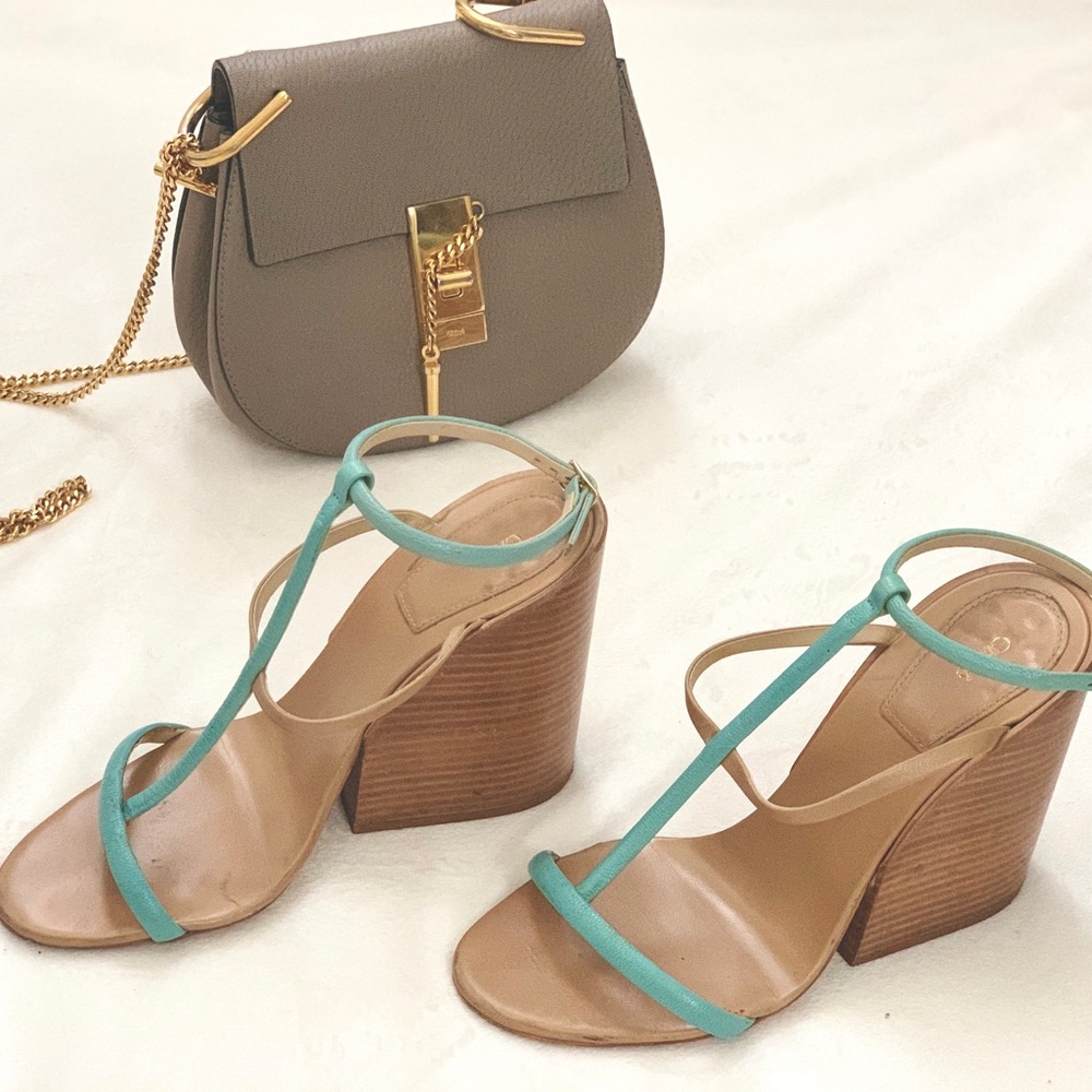 Chloé “Sagno” Chunky Wooden Block Heel Turquoise Sandals 39